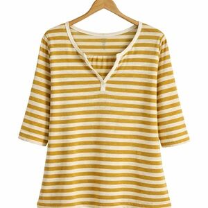 LOFT Yellow and White Striped 3/4 Sleeve Linen Top